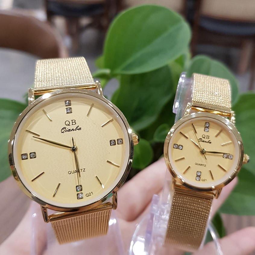 Đồng Hồ Cặp Đôi Nam Nữ QB Dây Lụa Vàng Số Vạch Sang Trọng