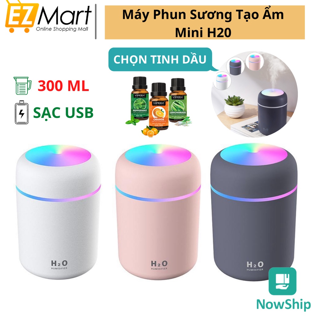Máy Phun Sương Tạo Ẩm Mini H20 300 Ml, Máy Xông Tinh Dầu Có Đèn Led Trang Trí 7 Màu