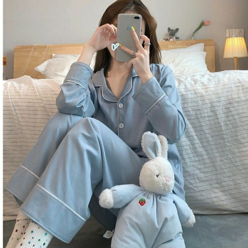 Bộ Ngủ / Mặc Nhà Pijama Thun Gân Dài Kèm Ảnh Thật