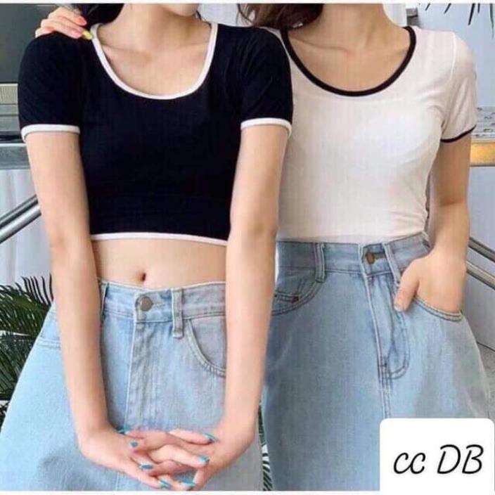 [Hàng auth] Áo Croptop Ôm Trắng Đen Viền Cổ