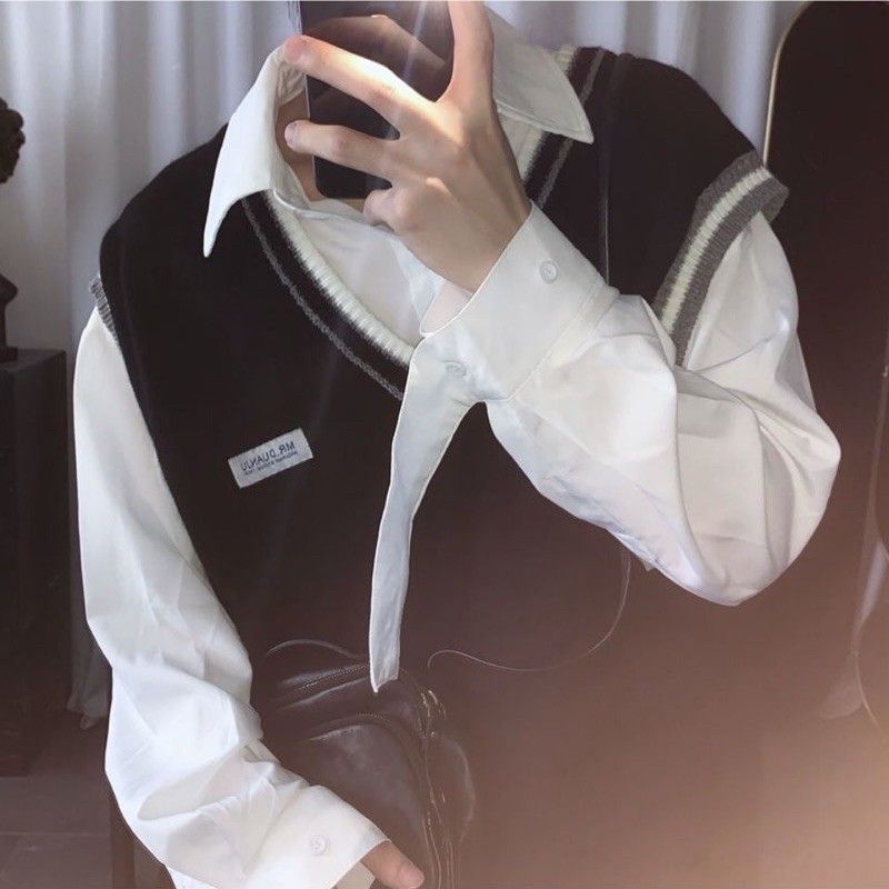 Áo gile đen phối viền 4 mùa unisex