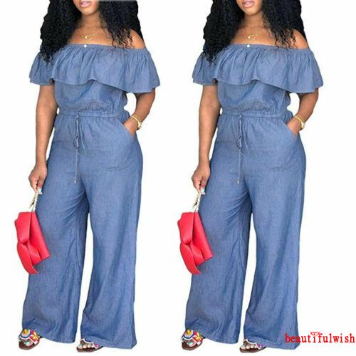✡Yl♀Jumpsuit Denim Trễ Vai Thiết Kế Dây Rút Eo Cao Thời Trang Xinh Xắn Cho Nữ | BigBuy360 - bigbuy360.vn