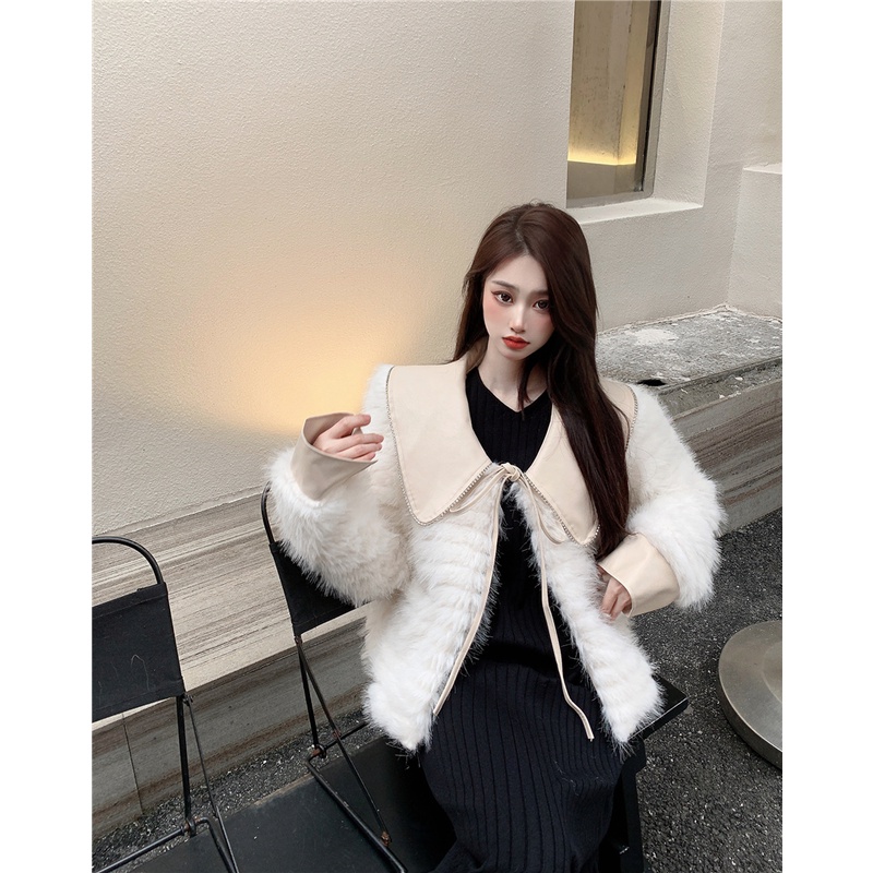 Áo lông trắng phố cổ da buộc nơ sang chảnh hàng Quảng Châu | BigBuy360 - bigbuy360.vn