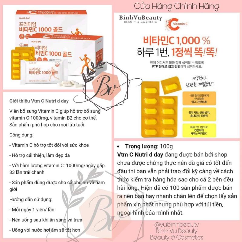 Viên Uống Vitamin C 1000mg Nutriday Chống nắng Trắng Da Hàn Quốc