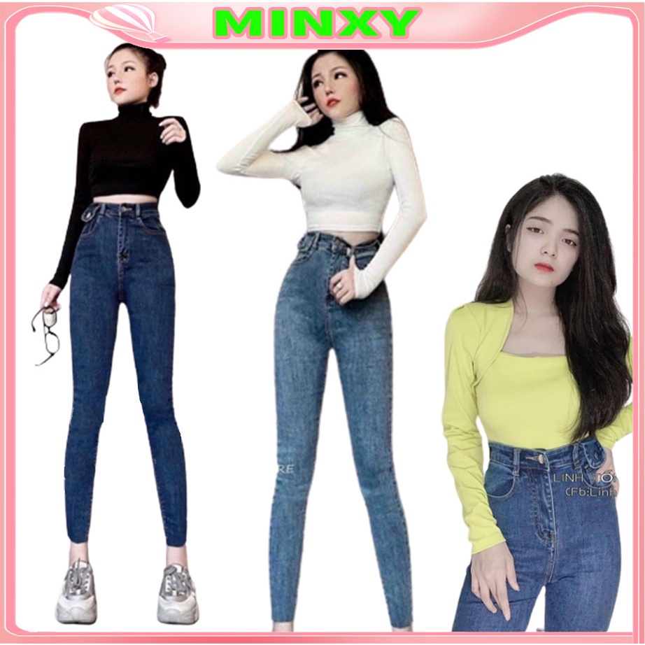Quần jean ôm túi nắp lệch lưng cao,chất bò siêu co giãn dài 90cm-minxy