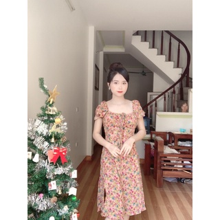 (Hàng chuẩn) Váy hoa cổ V rút dây chun eo có mút ngực (ảnh thật)