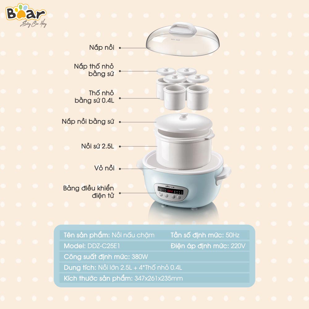 Nồi nấu chậm cách thủy 2.5L Bear SUBE003 - Bản Quốc Tế Tiếng Anh - Hàng chính hãng