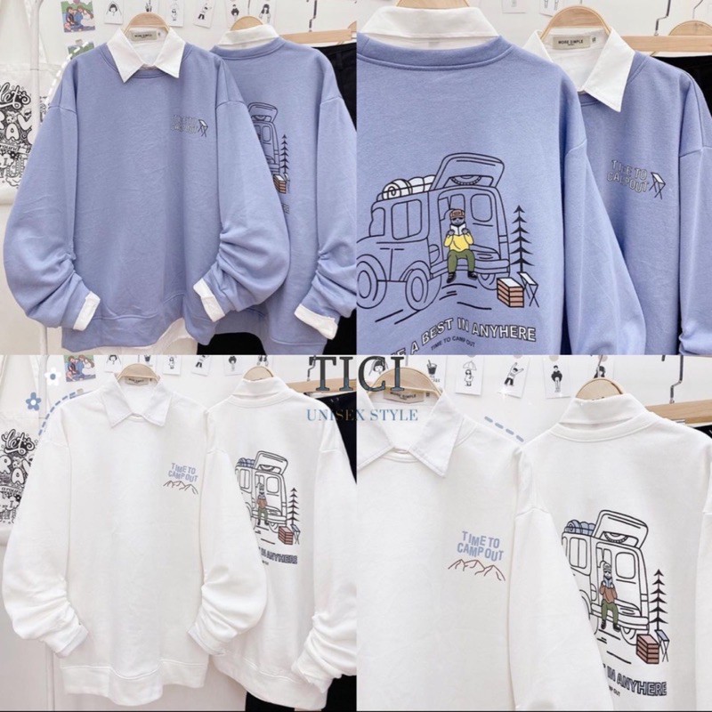 Áo Sweater TIME TO CAMPOUT❤Form Rộng Unisex Nam/Nữ (Chất Nỉ Bông Siêu Mịn)❤MÀU XANH/TRẮNG[FREESHIP]