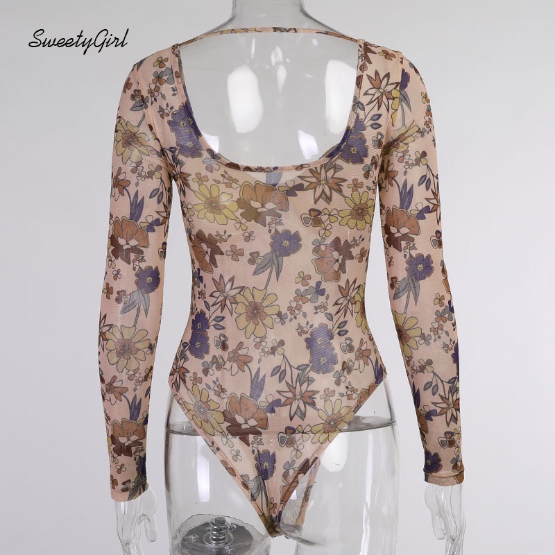 Áo Liền Thân Tay Dài Cổ Chữ V Dáng Ôm Phối Lưới Xuyên Thấu In Họa Tiết Kiểu Retro Thời Trang Cho Bạn Gái