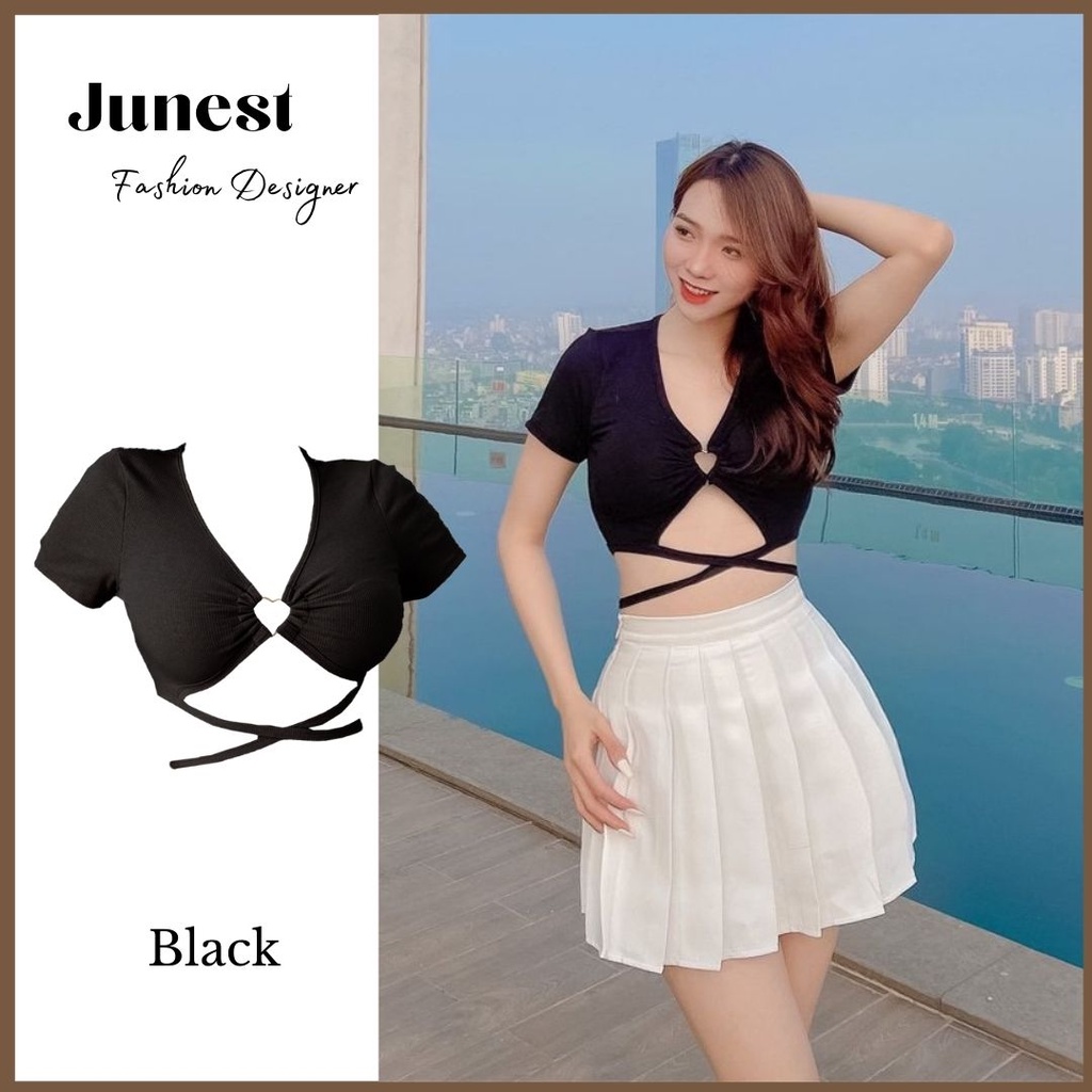 Áo croptop nữ JUNEST boby tay ngắn vòng trái tim liên kết dây đan chéo buộc eo - có mút ngực TTBE01