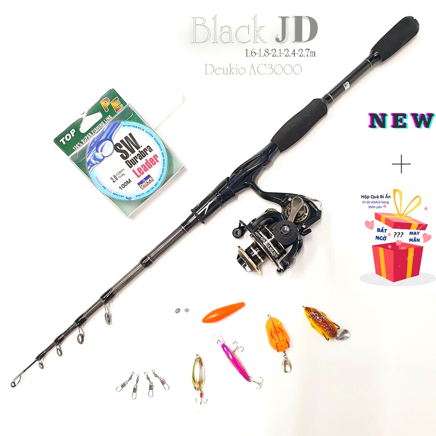 Bộ cần câu lure, cần máy Đứng JD rút gọn 60cm chất liệu carbon kèm máy Deukio AC3000  BCM14