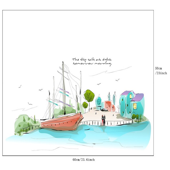 Decal trang trí kính cao cấp Thuyền lớn và nhà ven biển ( 60cm x 58cm )