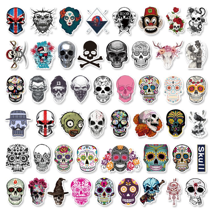 [Set 50 Cái] Bộ Sticker phong cách đầu lâu, Old Skull dán trang trí laptop, mũ bảo hiểm, vali, xe ga, ván trượt - DB.054