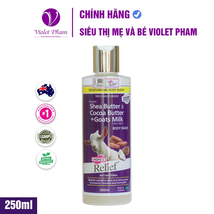 Sữa tắm sữa dê tươi bơ ca cao diệt khuẩn Hope’s Relief Shea butter & Cocoa butter + Goat’s Milk Body Wash 250ml