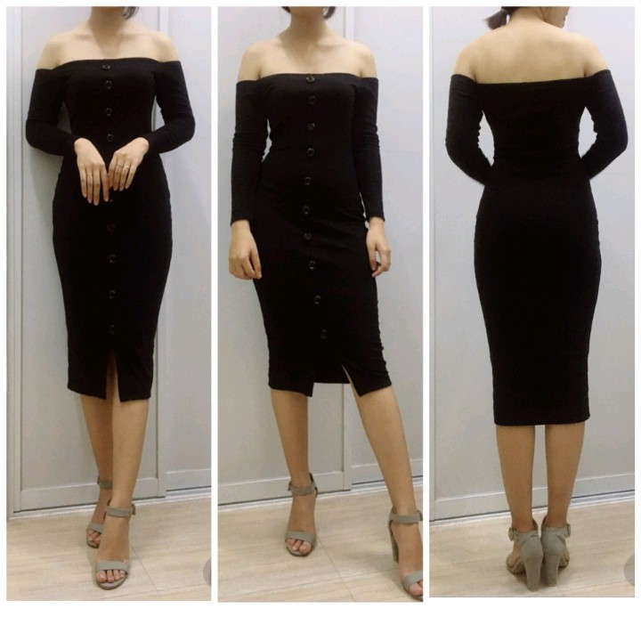 LH03 - Đầm Body Trễ Vai Tay Dài Nút Giữa | BigBuy360 - bigbuy360.vn