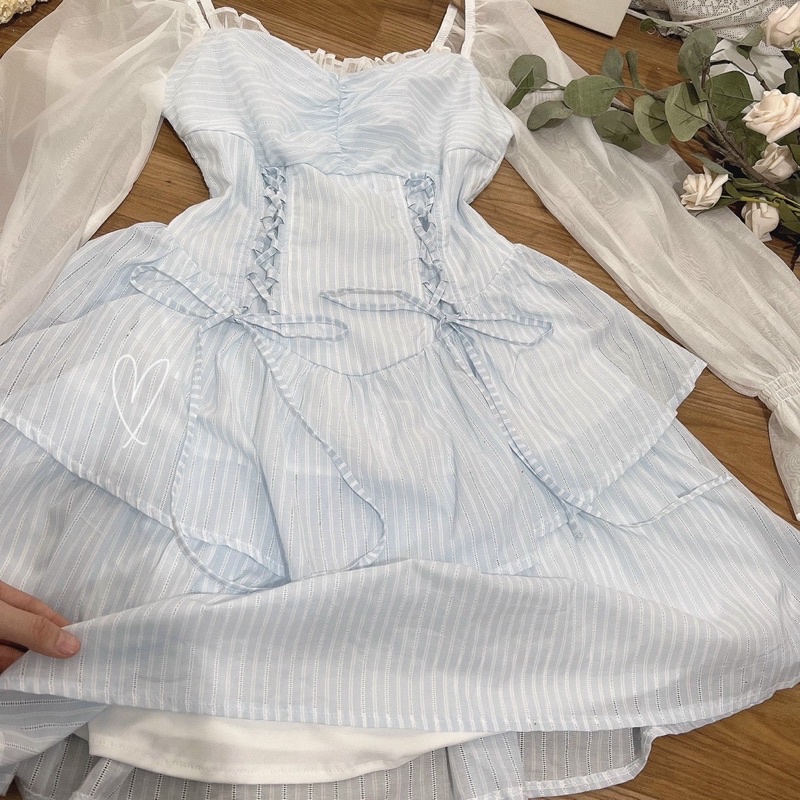 ĐẦM SỌC XANH ĐAN EO PHỐI TAY TRẮNG