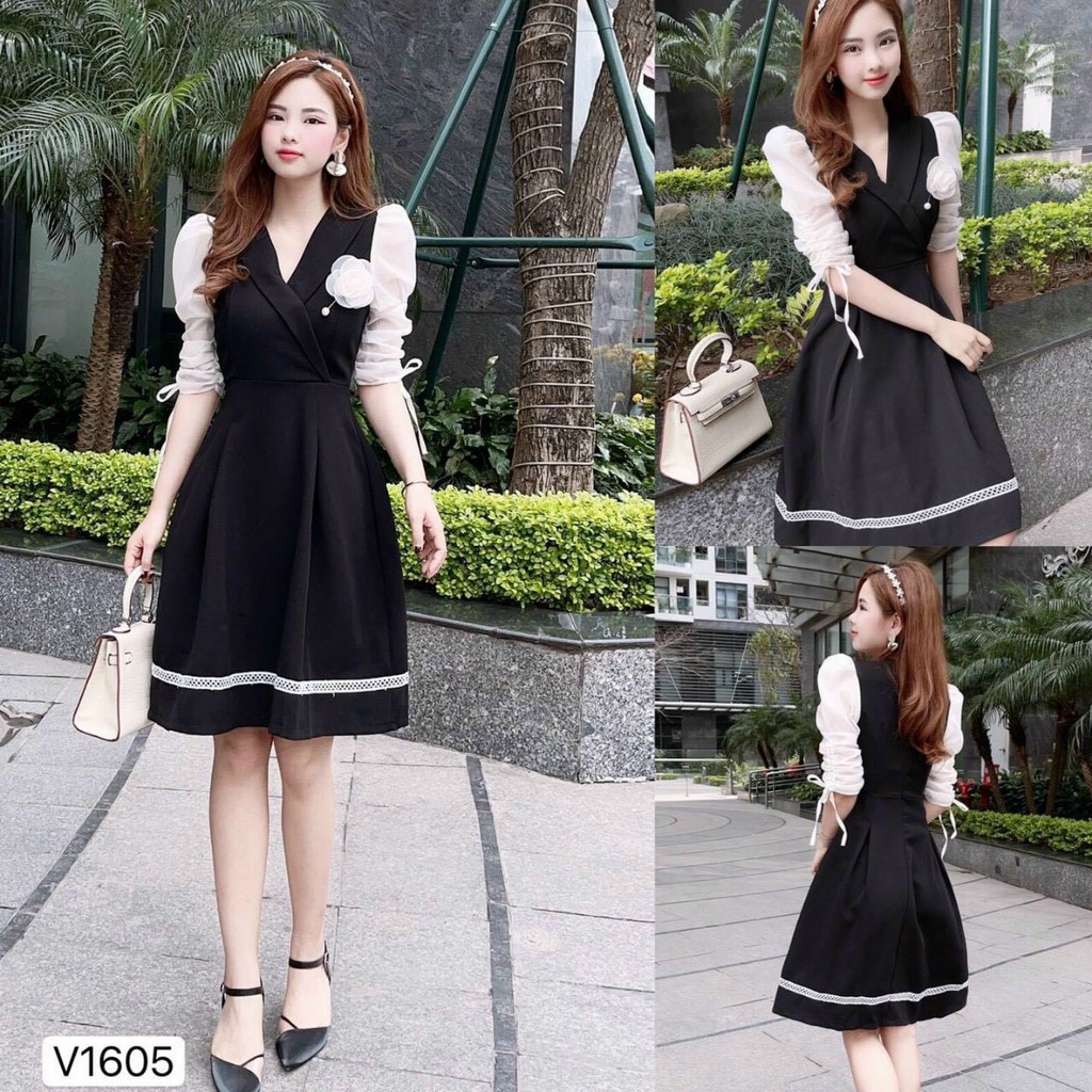 < size M, L, XL > Đầm dáng xòe thời trang vải thun Umi dày dặn, mềm mịn, co giãn và phối tay voan