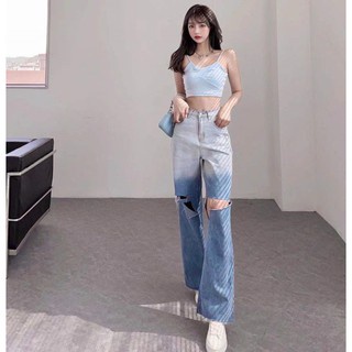 QUẦN JEAN ỐNG RỘNG NỮ LOANG MÀU XANH ĐẬM RÁCH 2 VẠT 1 SỌC LƯNG SIÊU CAO FORM SIÊU ĐẸP VẢI MỀM