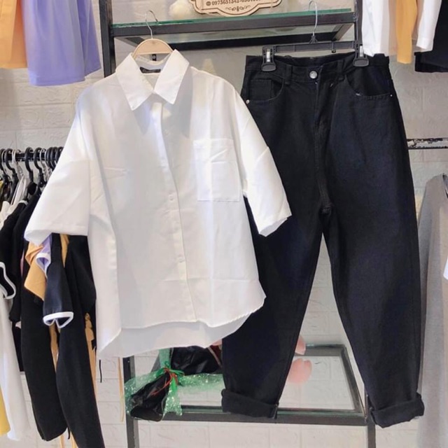 🔥Set Baggy Jeans Đen + Sơ Mi 1 Túi