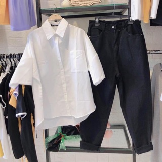 🔥set baggy jeans đen + sơ mi 1 túi