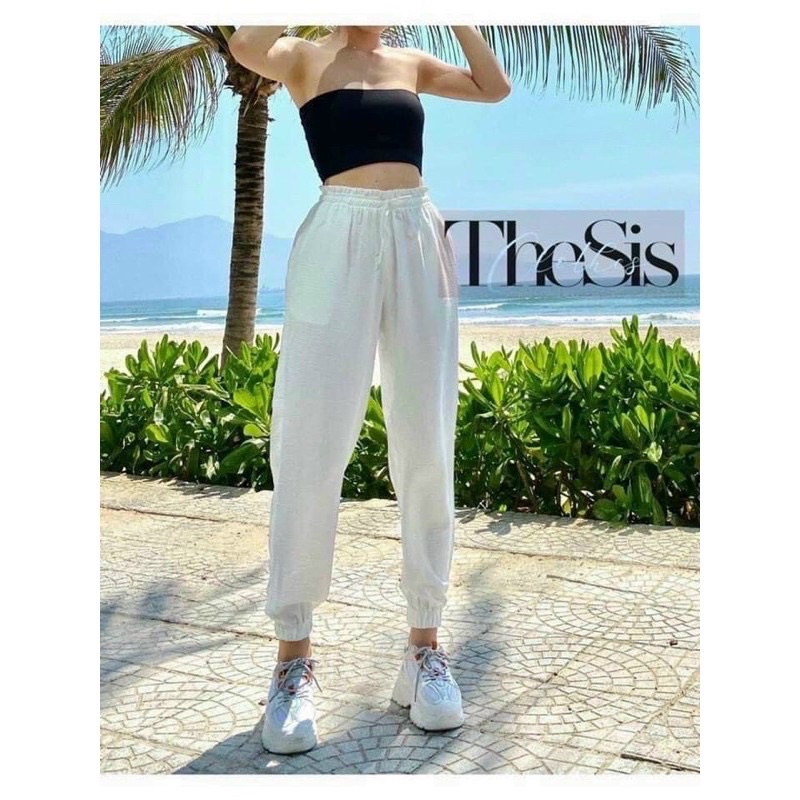 Quần joggers, Quần Bom bo gấu chất thô co dãn mặc hè hàng quảng châu mặc tôn dáng dễ phối đồ 2 màu đen- trắng