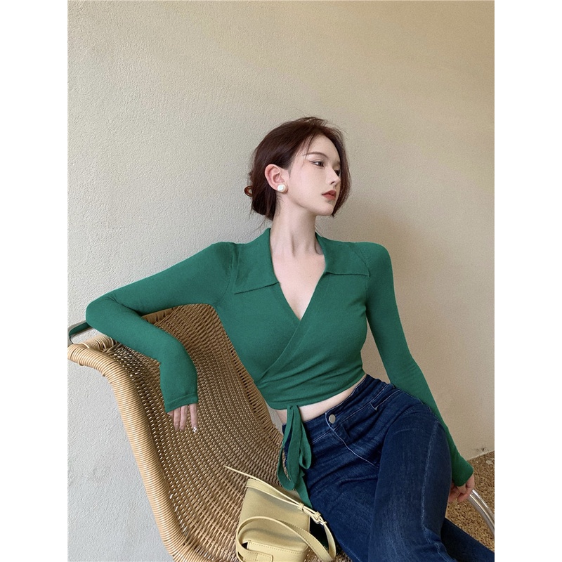 Áo dệt kim QKOOLE cổ chữ V phong cách cổ điển Hàn Quốc cho nữ