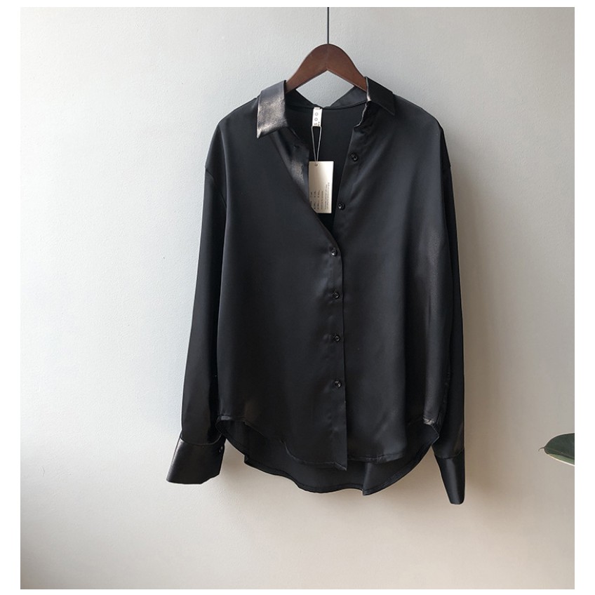 Áo Sơ Mi ⚡️𝐁𝐈𝐆𝐒𝐈𝐙𝐄⚡️ đen trơn dài tay basic chất liệu lụa bóng form dáng rộng | BigBuy360 - bigbuy360.vn