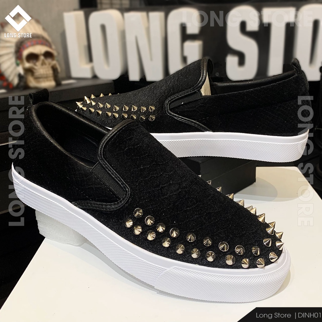 Giày lười nam đính đinh da lộn vân da cá LONGSTORE giày slip on nam cao cấp hàng đẹp loại xịn DINH01