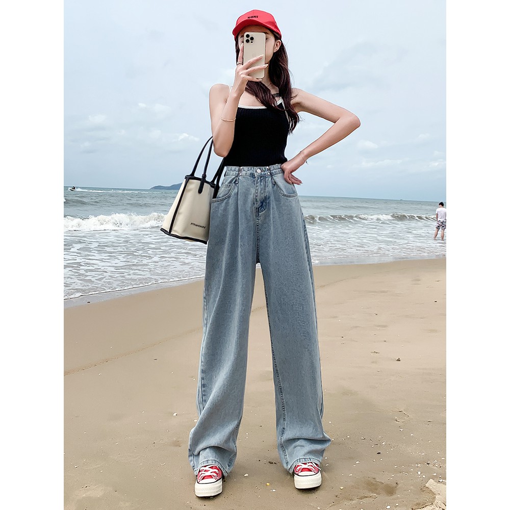 Quần Jeans Ống Rộng Lưng Cao Ulzzang Gài Eo 2 Màu Đen - Xanh QD023