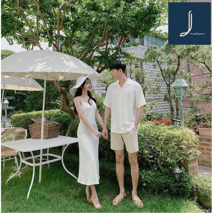 Áo Váy đôi, Áo đôi nam nữ váy 2 dây và sơ mi màu trắng dễ thương chụp ảnh đi biển TrungNguyen
