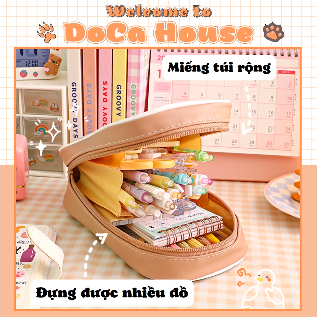 Túi da đựng bút trong suốt nhiều ngăn chống nước in hoạt hình dễ thương (tặng móc khóa) - DC101