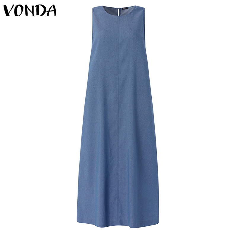 Đầm denim Vonda dài dáng chữ A không tay cổ tròn màu trơn có túi hông phong cách mùa hè Hàn Quốc cho nữ