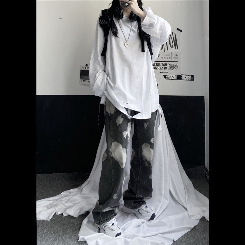 Jiashucheng Áo Thun Tay Dài Dáng Rộng Màu Trắng Rách Gối Phong Cách Hàn Quốc Thu Đông Mới Dễ Phối Đồ Cho Học Sinh Nữ @