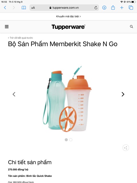 {295 giảm 208} Bộ Sản Phẩm Memberkit Shake N Go Tupperware