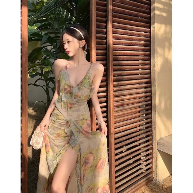 Đầm váy maxi xẻ đùi hoạ tiết nhiệt đới tropical đầm dây hở lưng đi biển