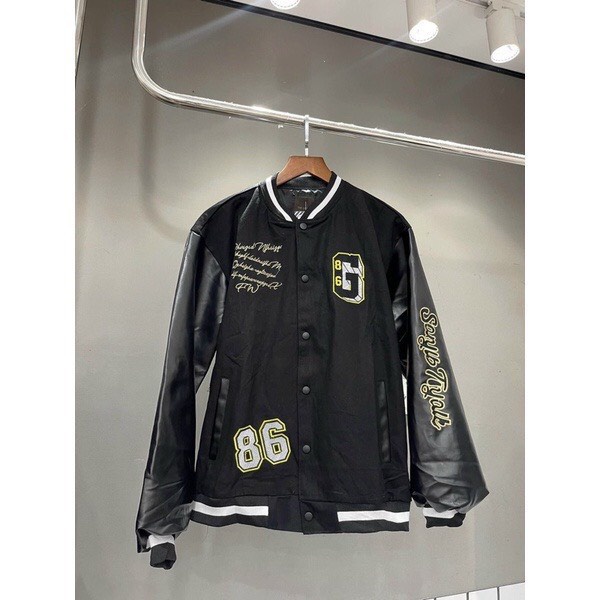 Khoác Bomber Nỉ Phối Da Số 86 Chữ G Dáng Rộng Da Viền Cổ Nam Nữ Basic