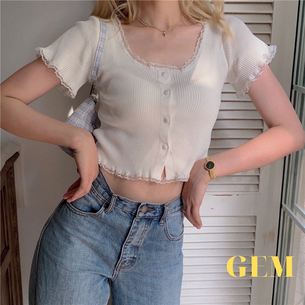 Áo croptop kiểu tay ngắn phối ren , croptop nữ cổ vuông sexy