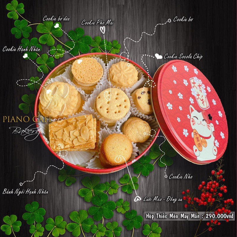 Hộp bánh tết cookie handmade Mèo Thần Tài thiếc nhiều vị 500gr | BigBuy360 - bigbuy360.vn
