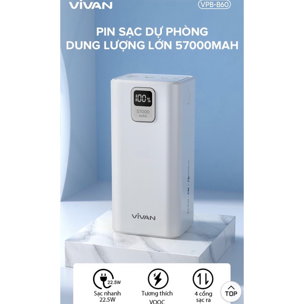 Pin sạc dự phòng sạc nhanh dung lượng lớn 57000mAh VIVAN VPB-B60 2 input Micro USB Type-C and 4 Output 3 USB-A 1 Type C.