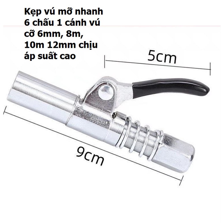 Bộ vòi bơm mỡ bôi trơn áp suất cao dạng kẹp khóa tiện dụng kèm ống dẫn 30cm - lỗ vòi từ 6mm đến 12mm