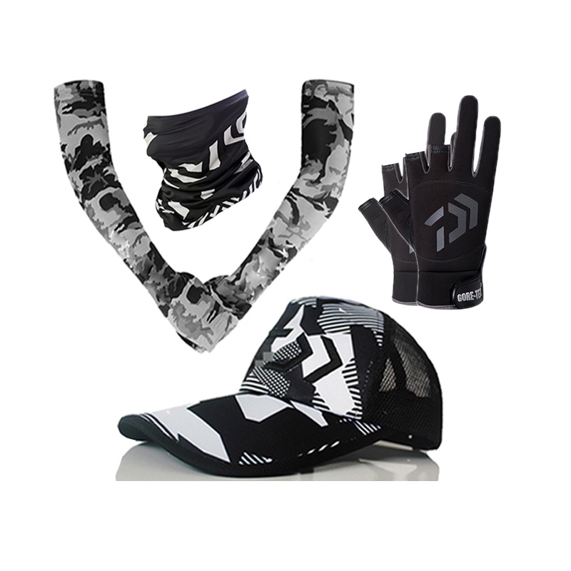 Hot Set 4 phụ kiện câu cá gồm mũ + găng tay + găng tay + khăn che mặt chống nắng thông thoáng cho câu cá/đạp xe