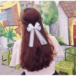 Kẹp tóc nơ ren trắng bản nhỏ đuôi dài