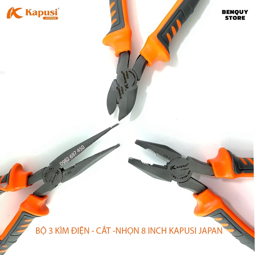 BỘ 3 KÌM ĐIỆN-CẮT-NHỌN 8INH/200MM KAPUSI JAPAN, BỘ KÌM ĐA NĂNG SỬ DỤNG TRONG CÔNG NGHIỆP.THÉP CR-V CAO CẤP BỀN BỈ.