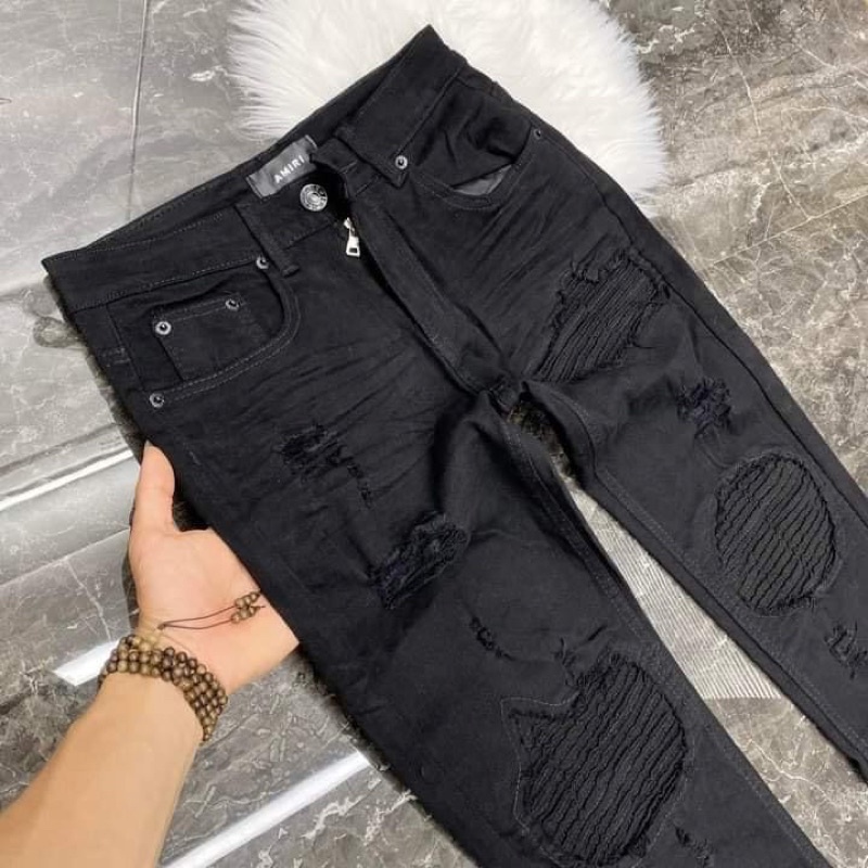 Quần jean đen nam vá nhăn đen khâu viền,Quần bò nam vá nhăn Aimiri rách gối dáng slimfit