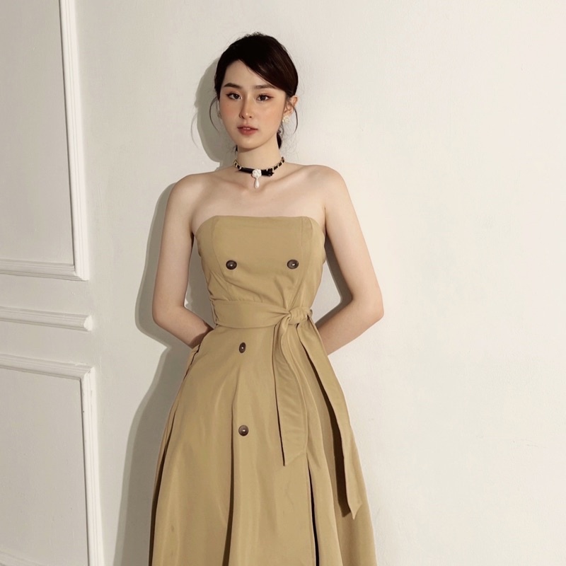 Váy H.I.U ROOM cup ngực thiết kế dáng dài midi, beige dress khaki H.I.U design 2022. | BigBuy360 - bigbuy360.vn