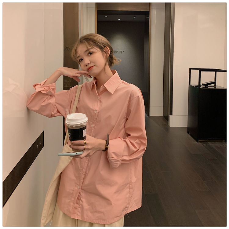 Áo Sơ Mi Màu Trơn Tay Dài Dáng Rộng Phong Cách Hàn Quốc Cho Nữ