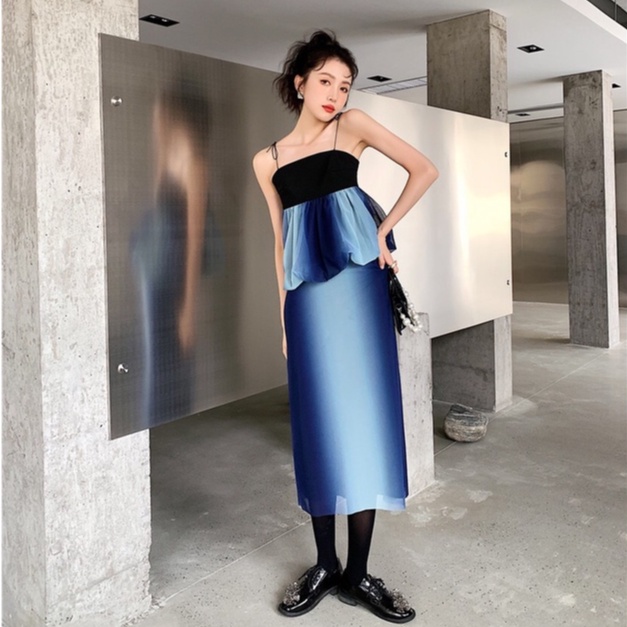MUSHROOM LEE - Váy Suông Xanh Dương Lưng Cao Gradient