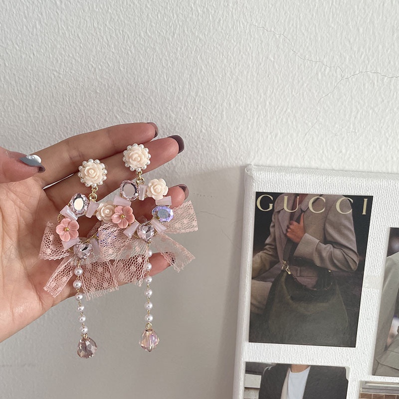 Bông Tai Đính Ngọc Trai Và Đá Hình Giọt Nước Phối Ren Tua Rua Phong Cách Hàn Quốc Sang Trọng Thời Trang 2022