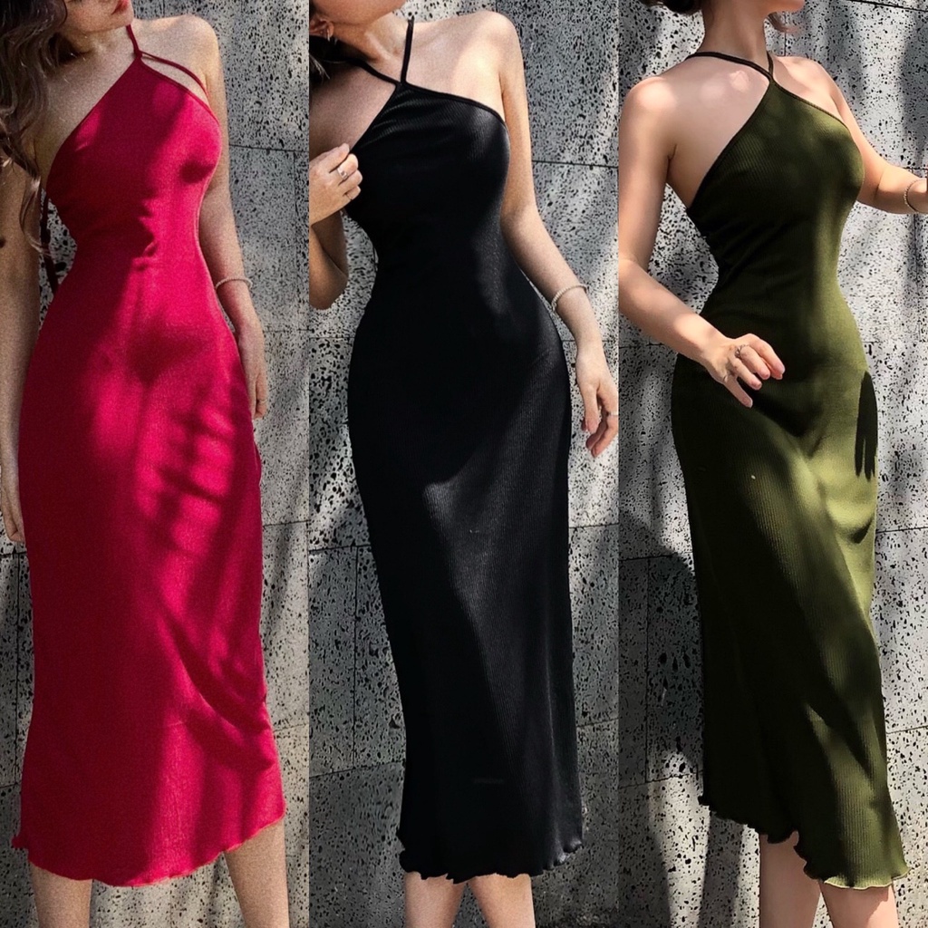 Đầm dáng ôm body midi cổ yếm Emilyshop ulzzang