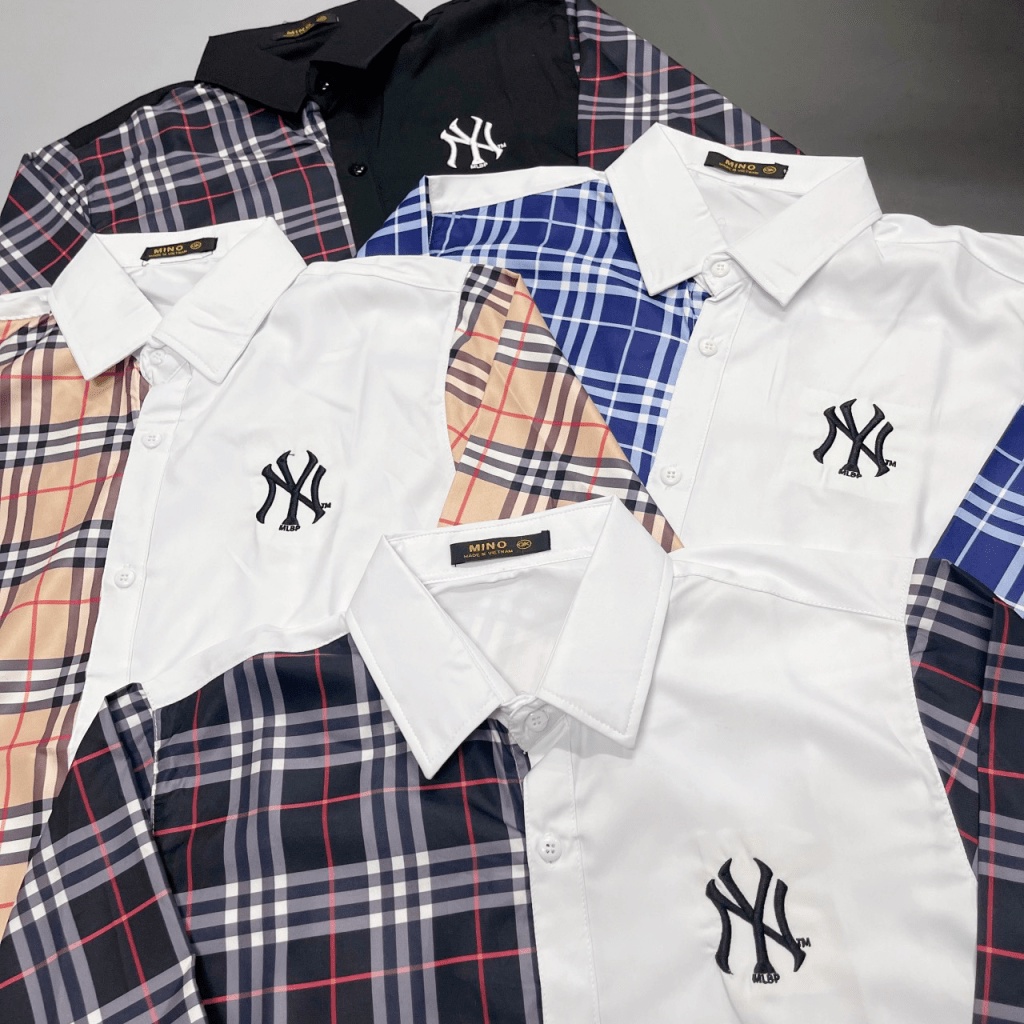 Áo Sơ Mi Nam Tay Dài Logo Thêu Sang Trọng Phối Nửa Sọc Caro Vải Lụa Cao Cấp Mềm Mịn Phong Cách Thời Trang Hot Trend Mới